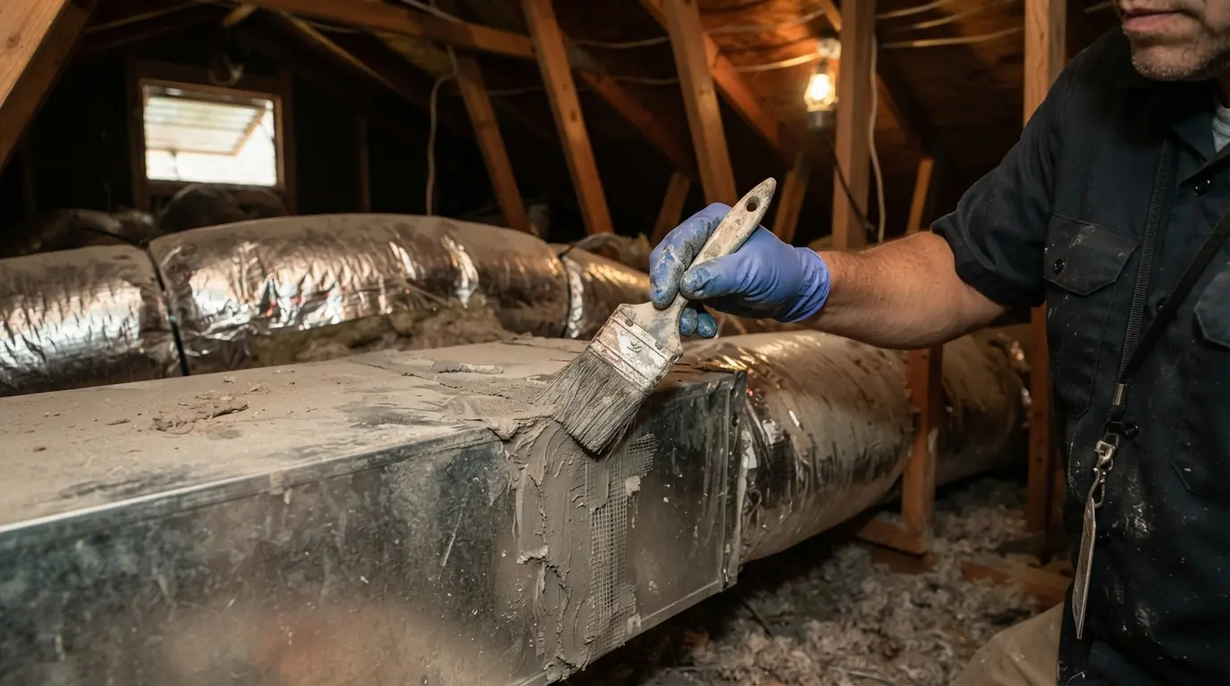 Mastic being applied to a duct joint in a Jacksonville attic
