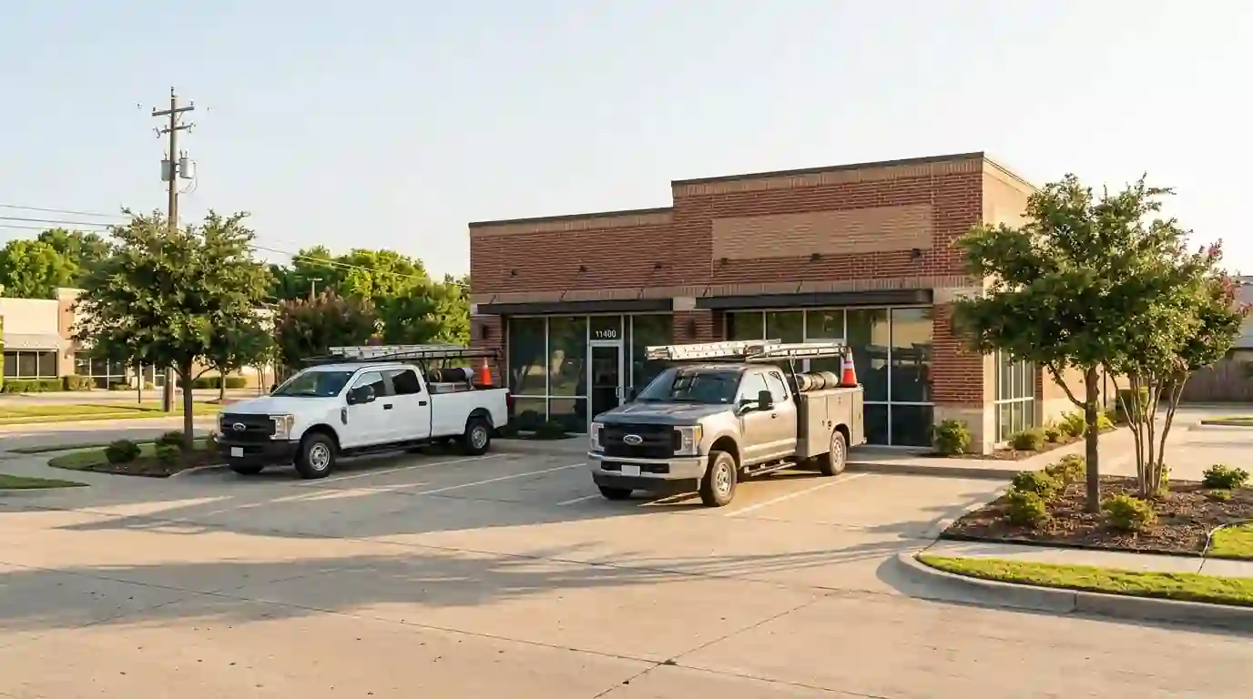 Roofing trucks outside the Dallas service office