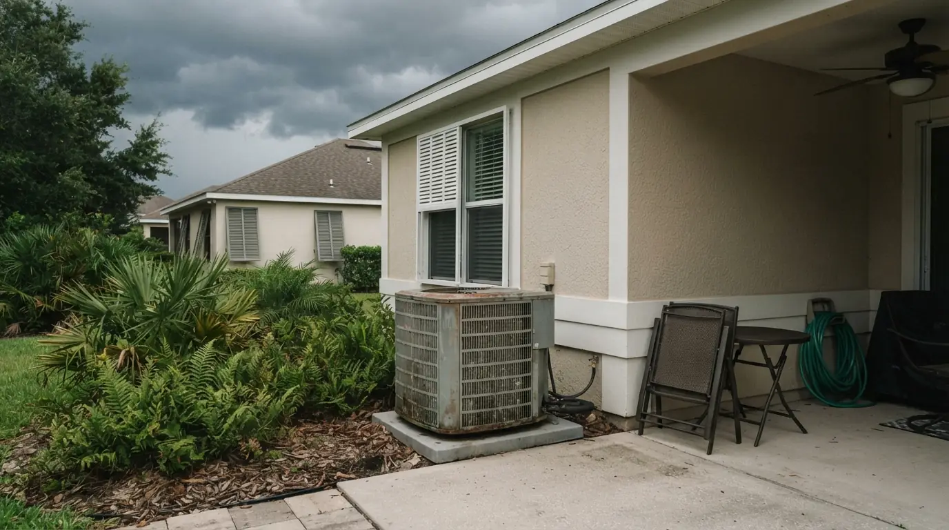 Clearing around an outdoor AC unit before a storm