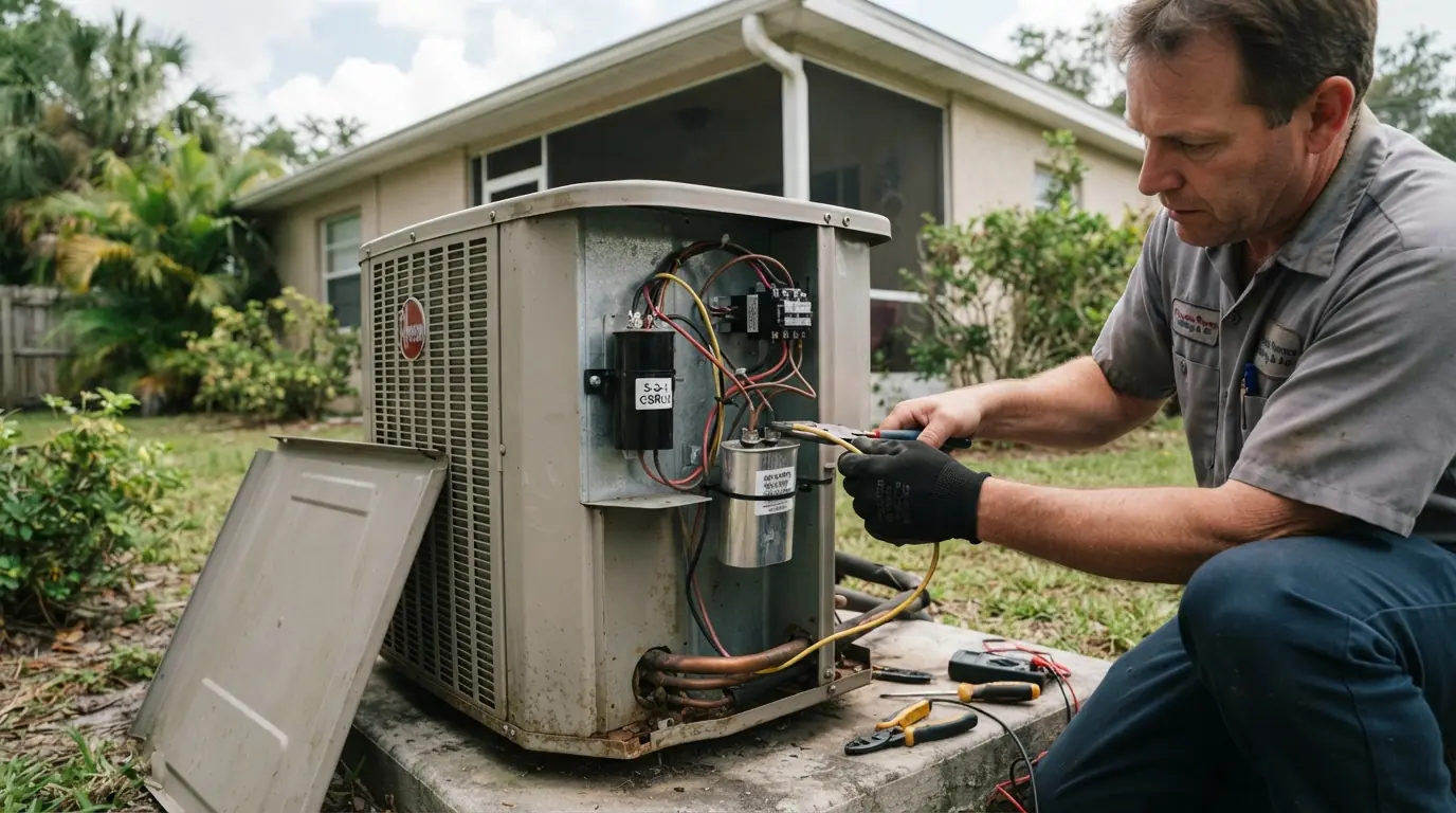 Hard start kit installed at an outdoor unit