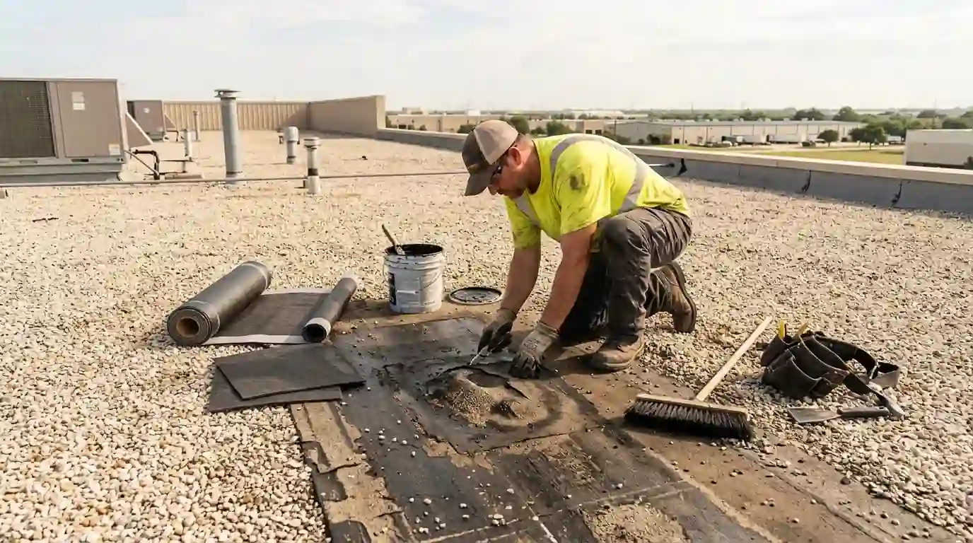 Blister re-plied on a built-up roof