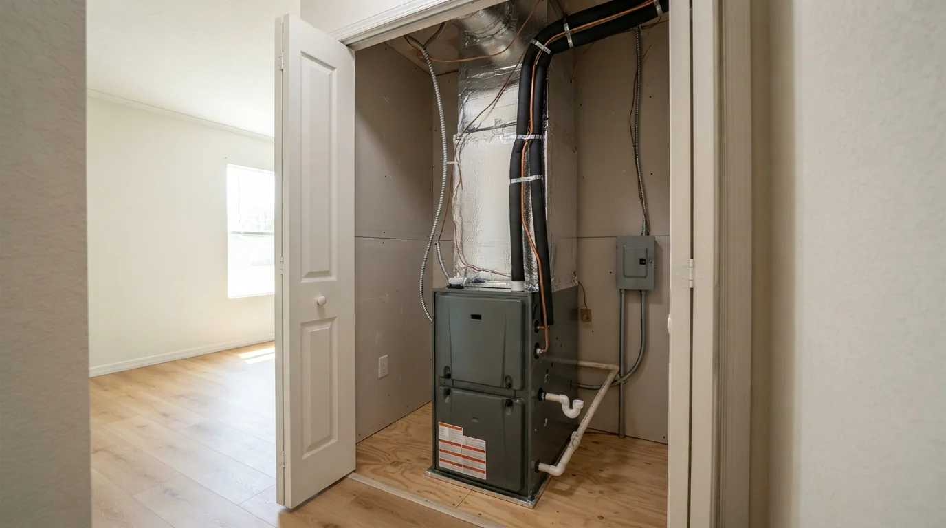 Indoor furnace in a manufactured home closet