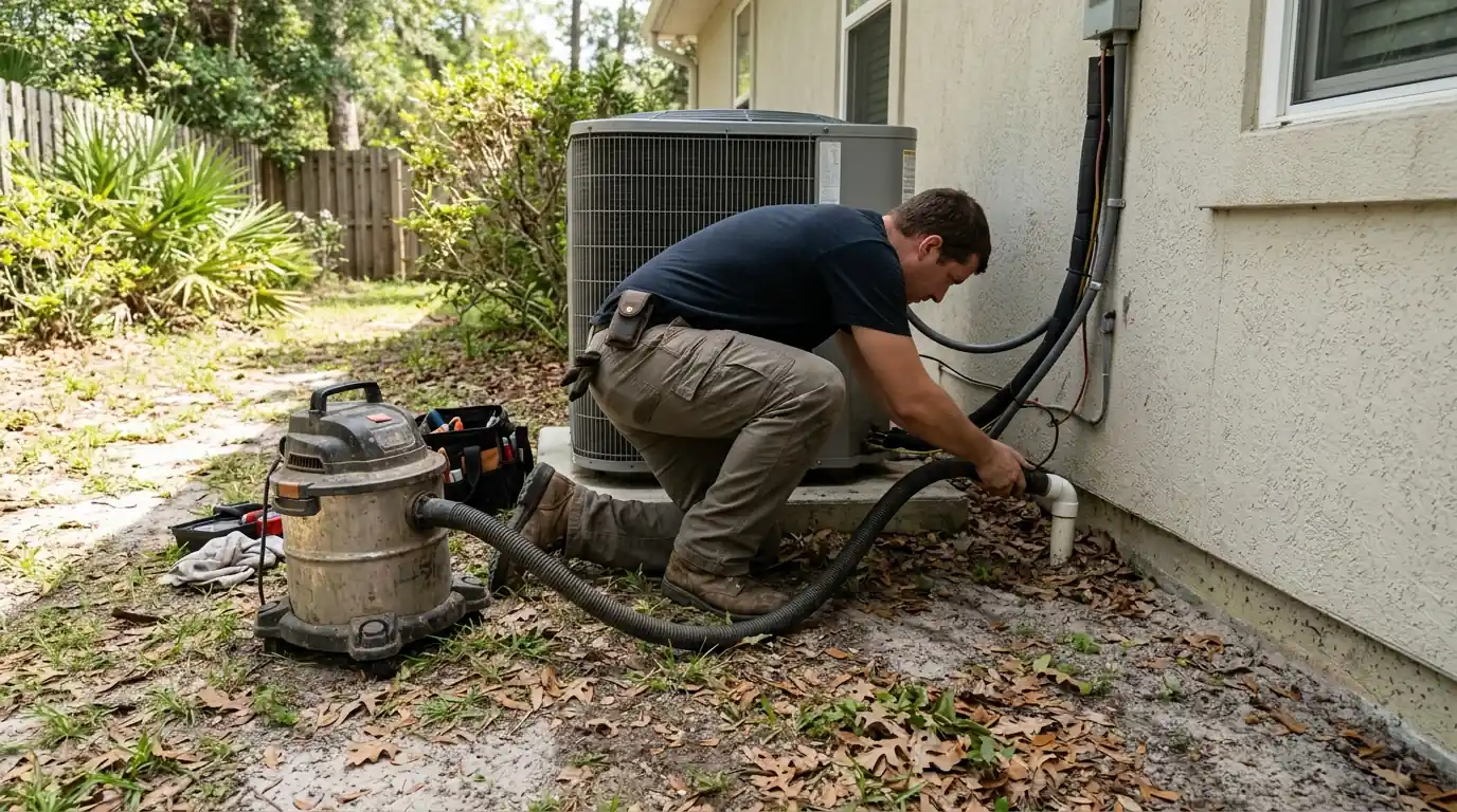 photo, technician flushing an AC condensate drain line with a wet vac at the outdoor end, Jacksonville Florida home, natural light, prestonreeves-jax-guide-ac-maintenance-checklist-jacksonville-2