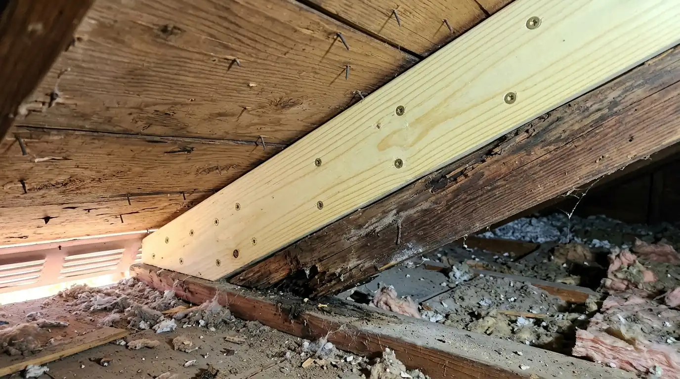 Rafter sistered beside a rotted member in an attic