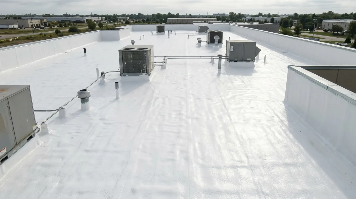 Topcoated spray foam roof
