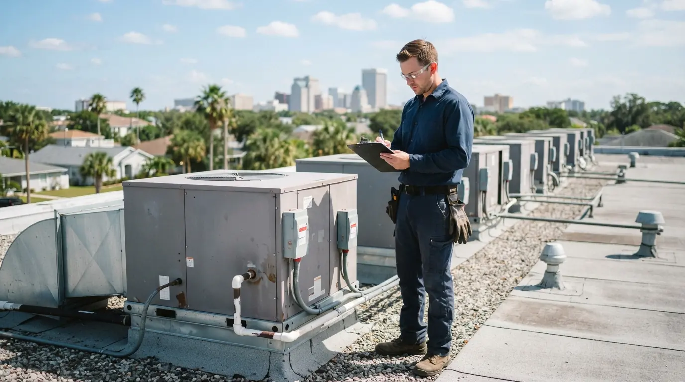 Technician recording readings on rooftop units