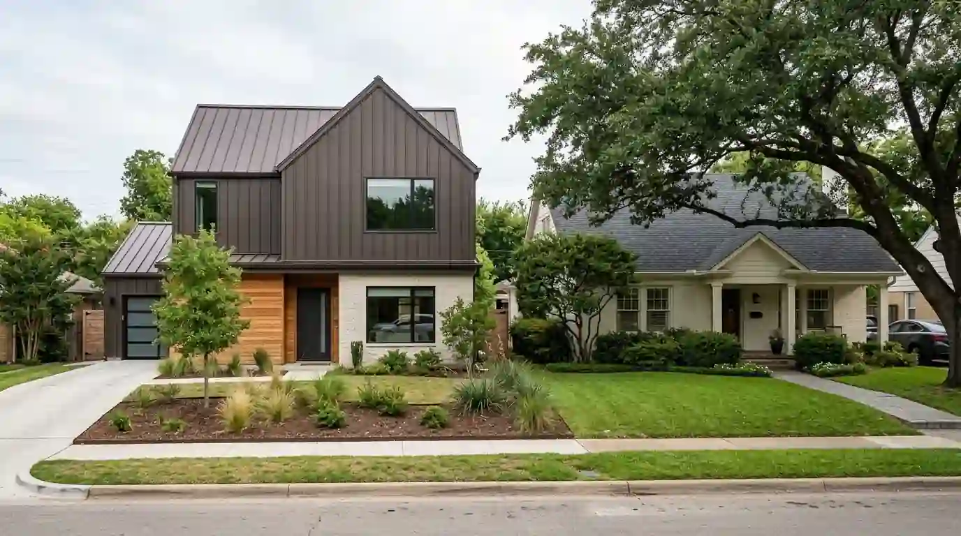 Metal and shingle roofs on neighboring Dallas homes