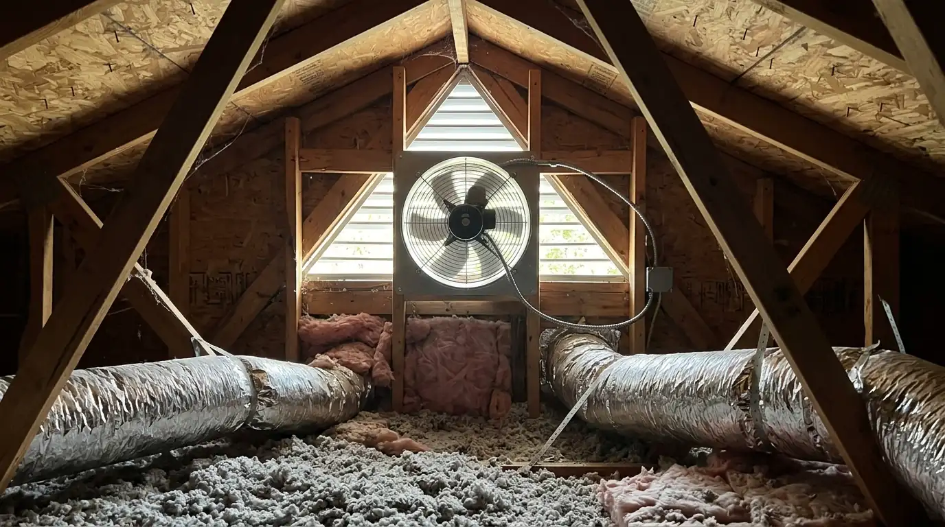 photo, gable attic fan mounted inside a vented attic wall with insulation and ductwork visible, Jacksonville Florida home, natural light, prestonreeves-jax-attic-fan-installation-2