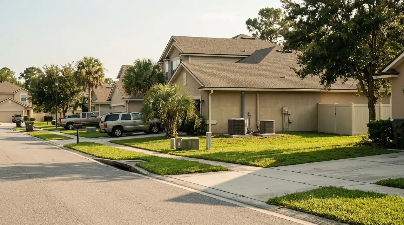 photo, suburban Clay County street of early 2000s homes with heat pumps on concrete pads, afternoon sun, Jacksonville Florida home, natural light, prestonreeves-jax-area-clay-county-1