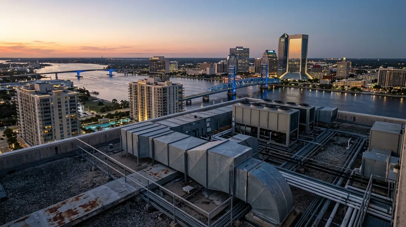 photo, downtown Jacksonville riverfront condo towers at dusk with rooftop HVAC equipment visible, Jacksonville Florida home, natural light, prestonreeves-jax-area-downtown-jacksonville-1