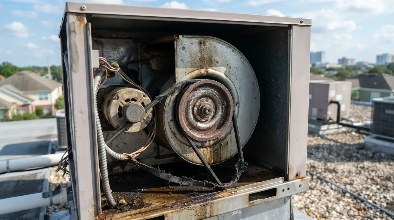 Worn blower belt inside a commercial rooftop unit