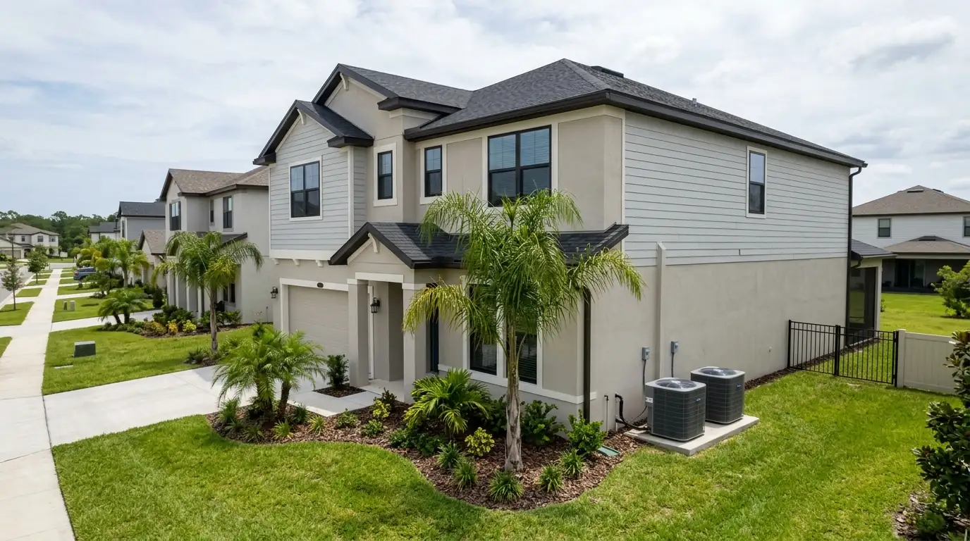 photo, two-story newer home in a St Johns County master-planned community with a pair of condensers on a side pad, Jacksonville Florida home, natural light, prestonreeves-jax-area-st-johns-county-1