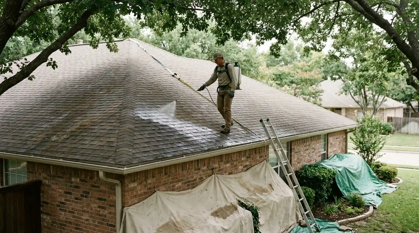 Soft wash roof cleaning on a Dallas home