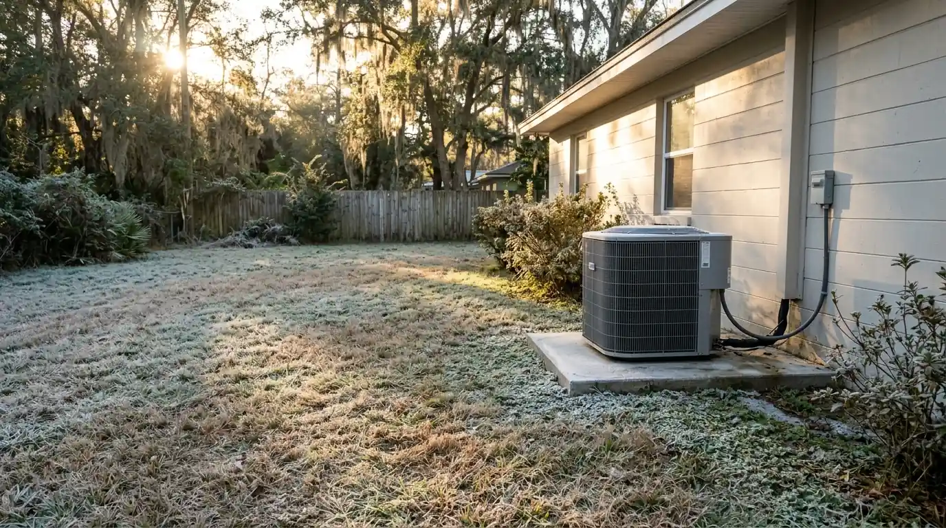 photo, small-town Macclenny Florida home with a heat pump on a pad and frost on the lawn at sunrise, Jacksonville Florida home, natural light, prestonreeves-jax-area-macclenny-1