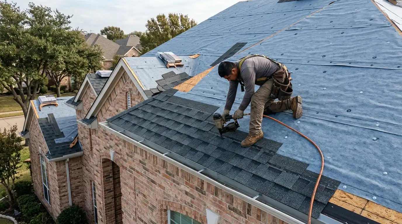 Architectural shingles going on during a Dallas re-roof