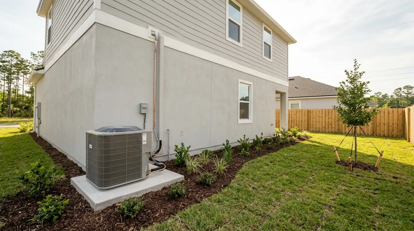 photo, new subdivision home on Jacksonville's Northside near the airport with a new heat pump on a pad and young landscaping, Jacksonville Florida home, natural light, prestonreeves-jax-area-northside-1