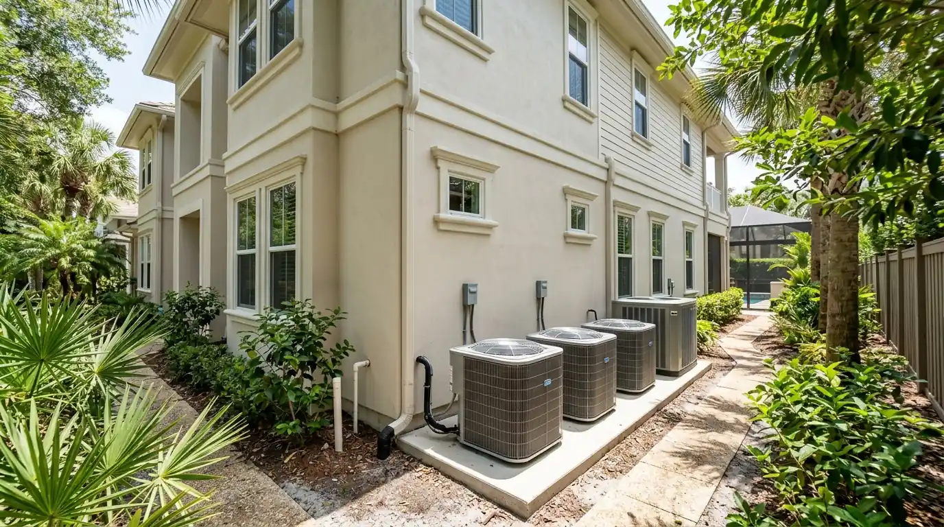 photo, large Ponte Vedra Beach home with three outdoor condensers and a pool heat pump on a side yard pad, Jacksonville Florida home, natural light, prestonreeves-jax-area-ponte-vedra-beach-1