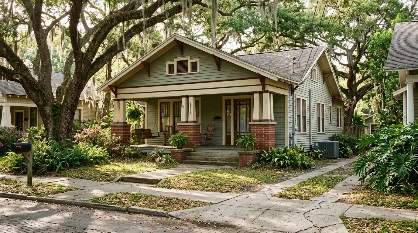photo, Riverside Jacksonville craftsman bungalow with a deep front porch, live oaks and a condenser tucked at the side yard, Jacksonville Florida home, natural light, prestonreeves-jax-area-riverside-1