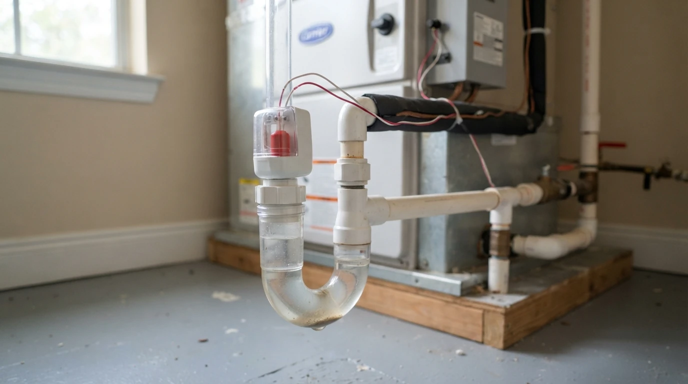 Float switch and drain trap on an attic air handler