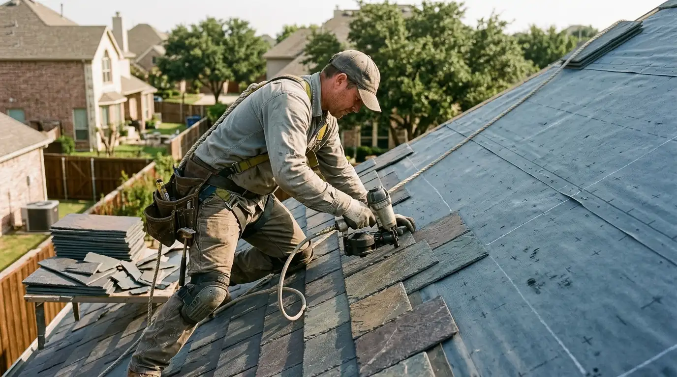 Synthetic slate tiles being installed on a Dallas roof