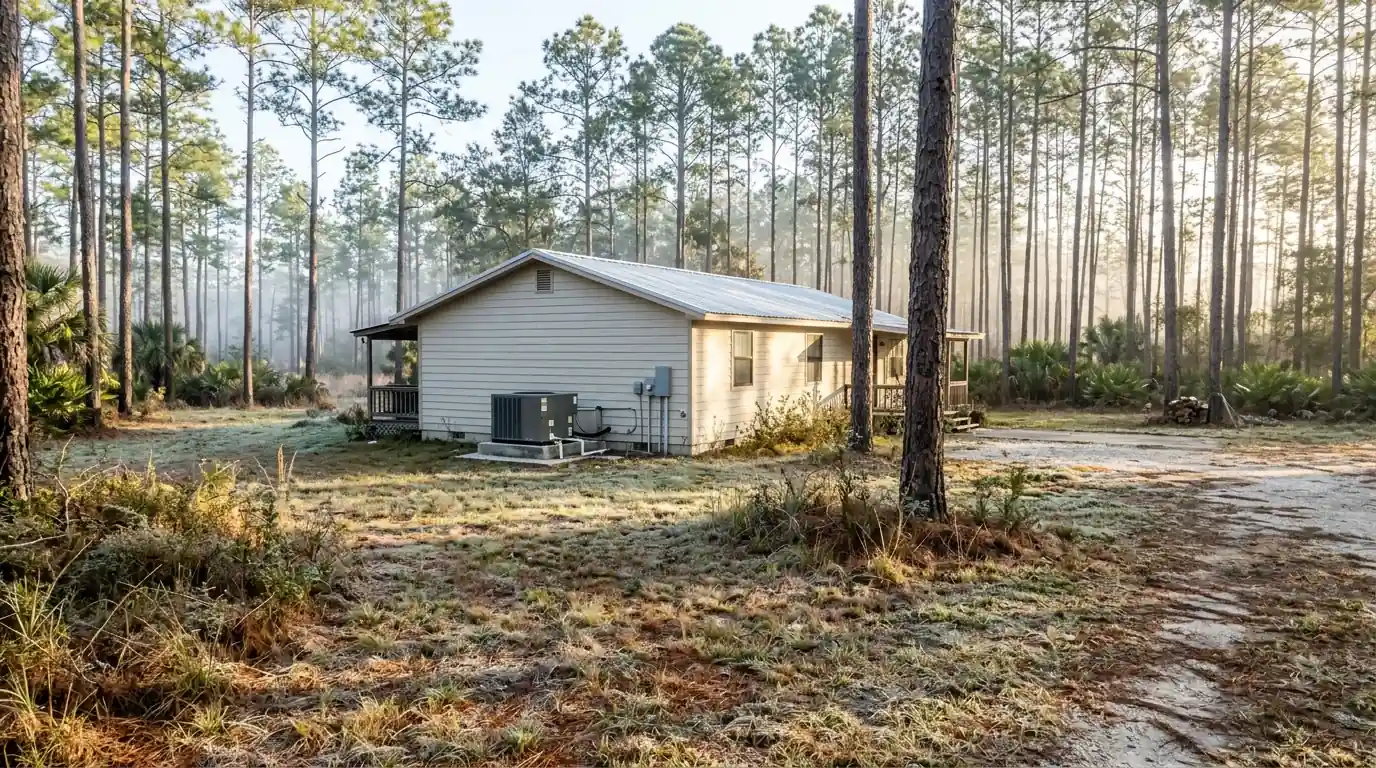 photo, rural Baker County Florida home with a heat pump on a pad under longleaf pines, early morning frost on the grass, Jacksonville Florida home, natural light, prestonreeves-jax-area-baker-county-1