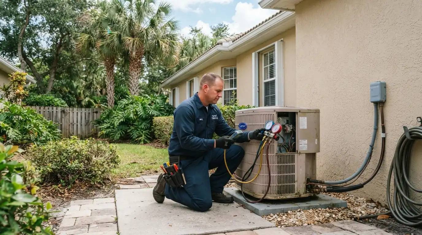 HVAC technician checking a condenser beside a Jacksonville home