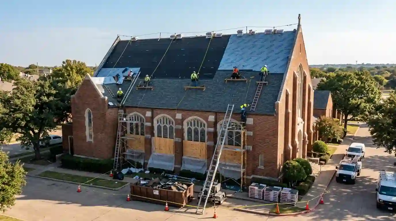 Sanctuary roof replacement on a Dallas church