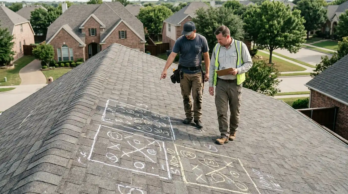 Roofer meeting an insurance adjuster on a Dallas roof
