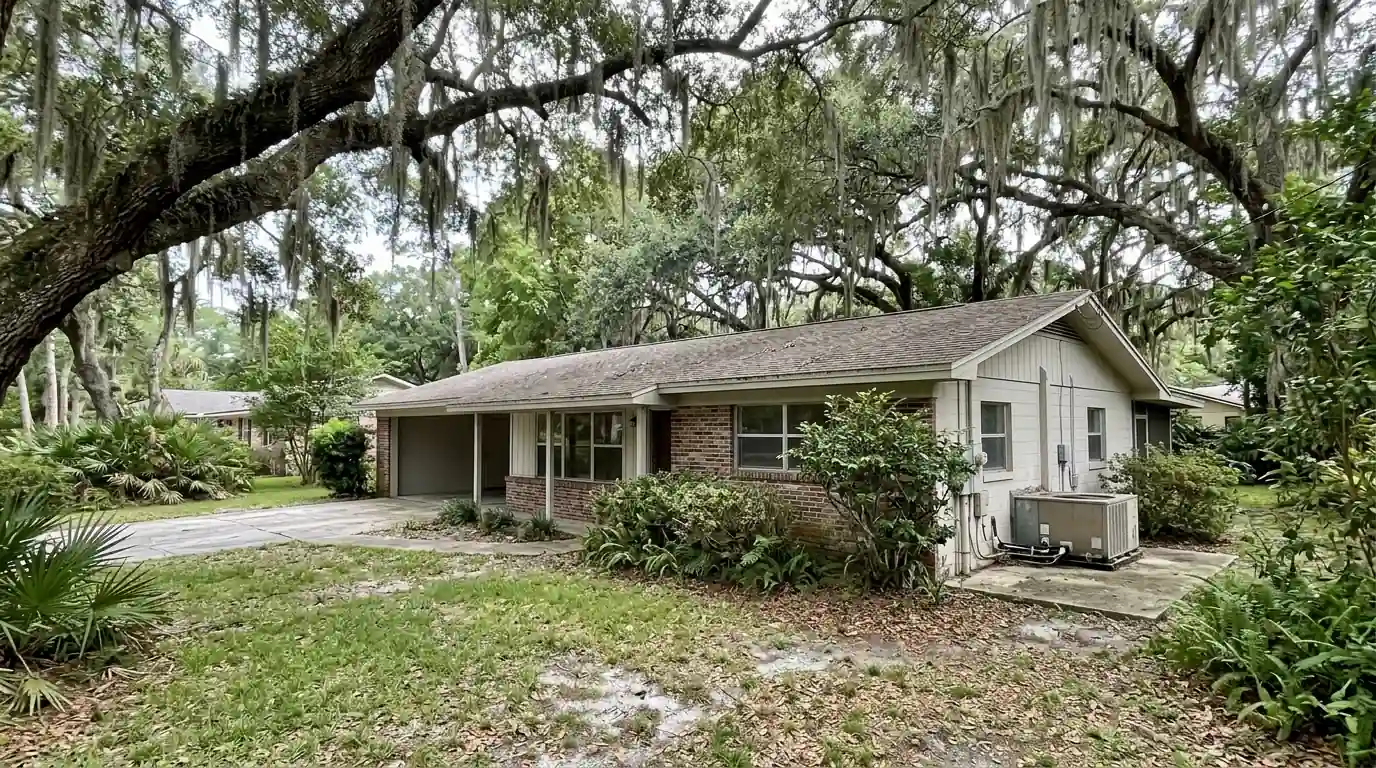 photo, ranch-style Mandarin Jacksonville home under live oaks with Spanish moss and a heat pump on a side pad, Jacksonville Florida home, natural light, prestonreeves-jax-area-mandarin-1