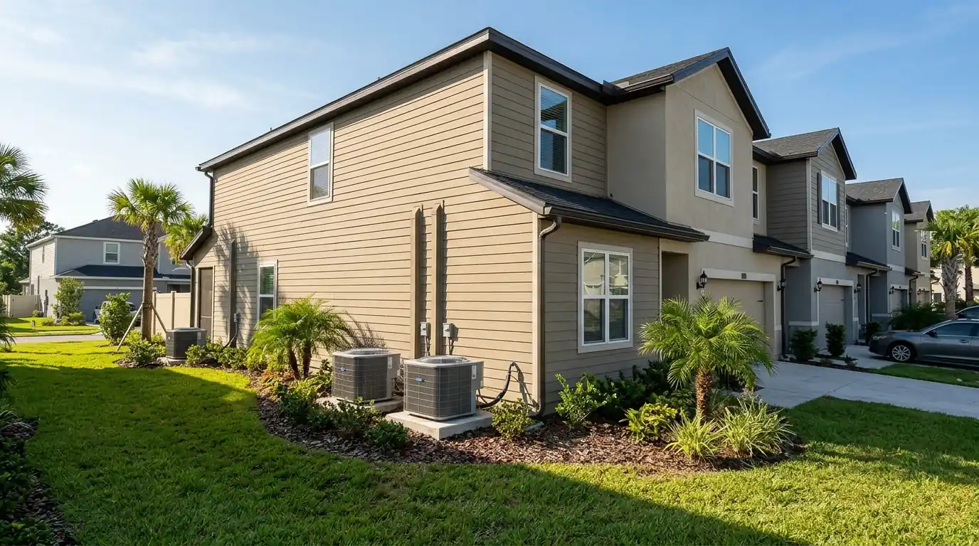 photo, newer two-story townhomes near the Town Center on Jacksonville's Southside with condensers on side pads, Jacksonville Florida home, natural light, prestonreeves-jax-area-southside-1