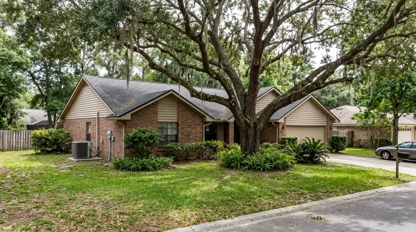 photo, Argyle Forest Jacksonville subdivision home with a heat pump on a side pad and a mature oak in the front yard, Jacksonville Florida home, natural light, prestonreeves-jax-area-argyle-forest-1