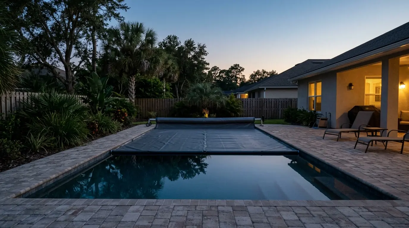 photo, solid pool cover partly rolled back on a residential pool at dusk, Jacksonville Florida home, natural light, prestonreeves-jax-guide-pool-heat-pump-guide-jacksonville-2