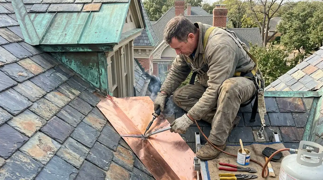 Copper valley fabricated on a historic roof