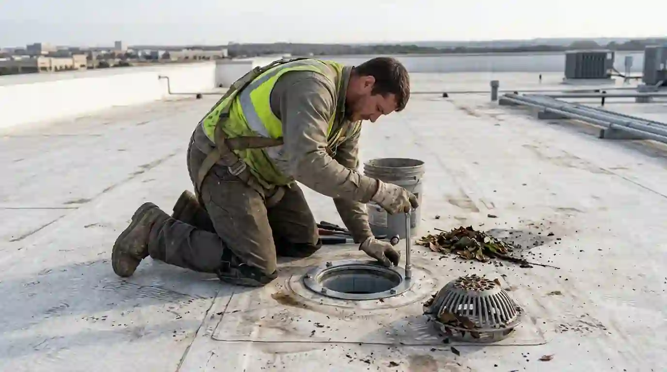 Commercial roof drain cleared and reset