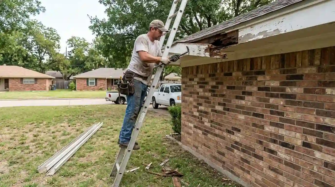 Rotted fascia board being removed from a Dallas eave