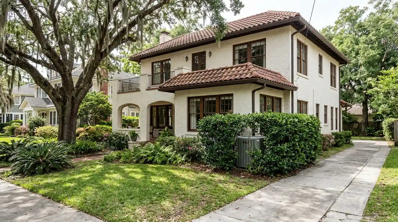 photo, two-story 1920s Avondale Jacksonville home with a tile roof and a condenser screened by hedges in the side yard, Jacksonville Florida home, natural light, prestonreeves-jax-area-avondale-1