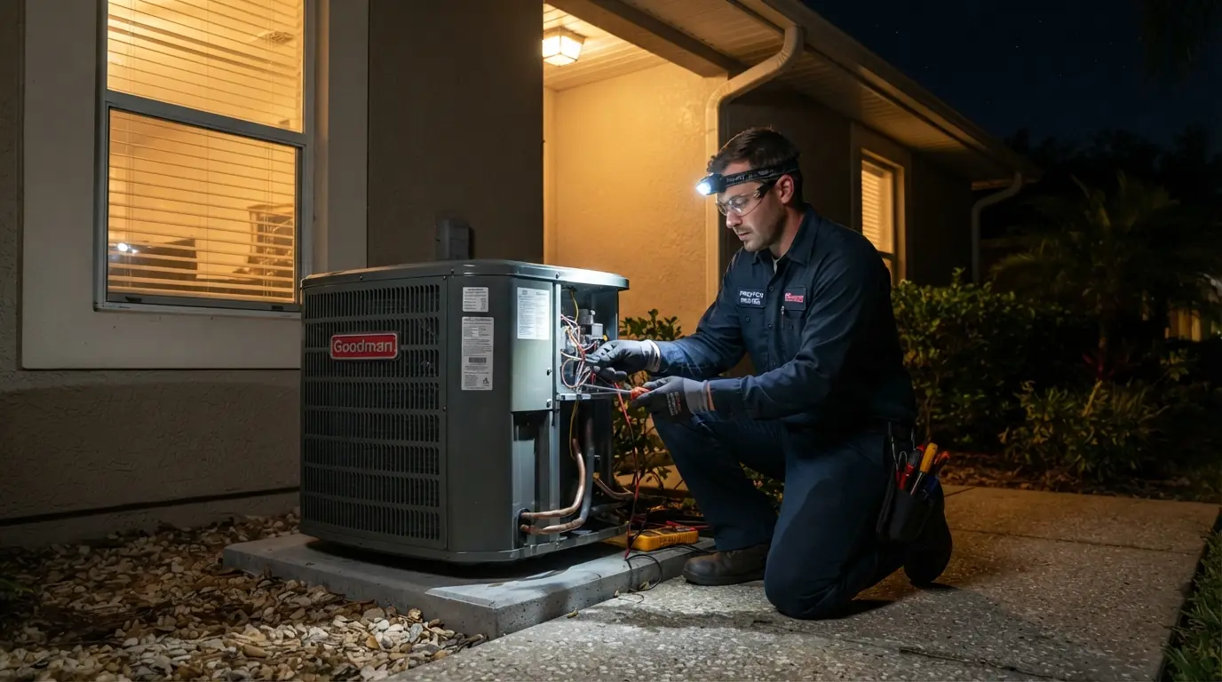 Technician working on an AC unit at night in Jacksonville