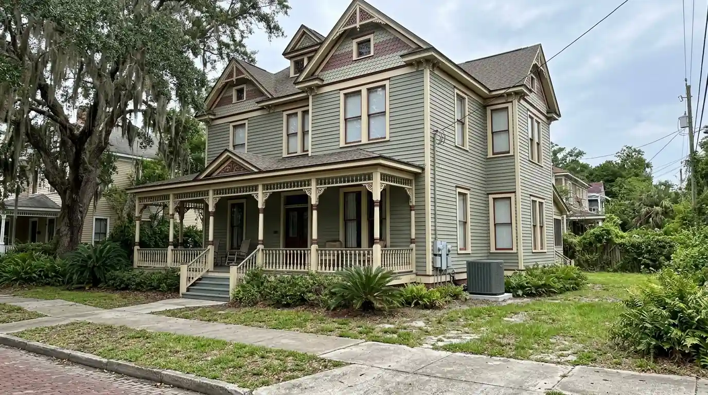 photo, restored two-story wood-frame Victorian home in Springfield Jacksonville with a wide porch and a heat pump at the side, Jacksonville Florida home, natural light, prestonreeves-jax-area-springfield-1