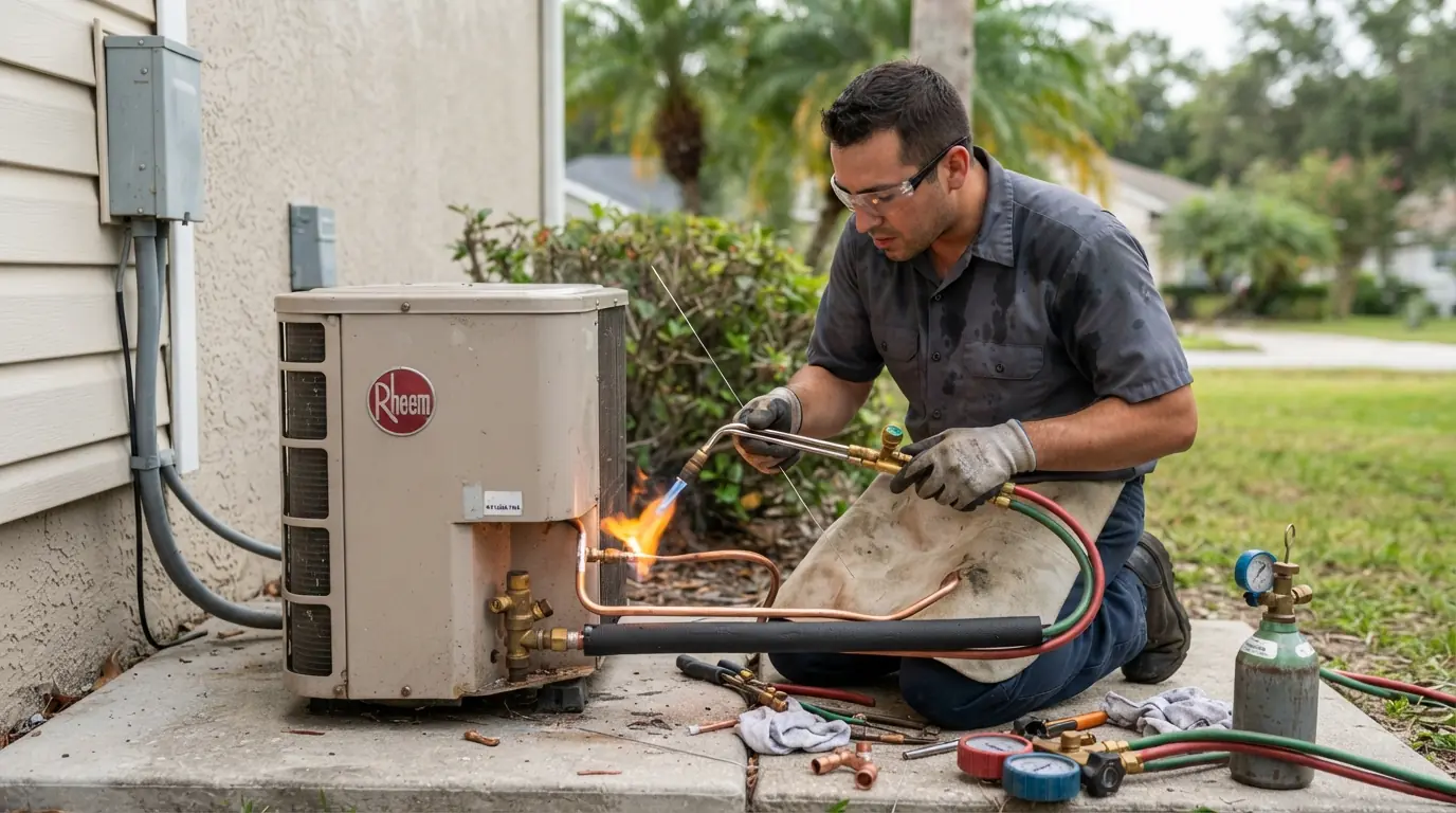 Brazing a new line set at the outdoor unit