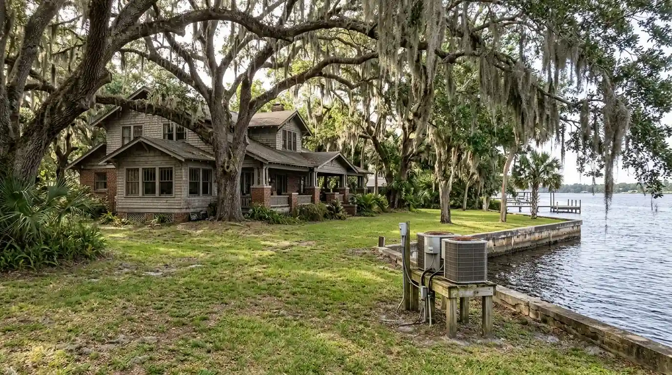 photo, historic riverfront home in Ortega Jacksonville with old oaks and a pair of condensers on a raised stand near the water, Jacksonville Florida home, natural light, prestonreeves-jax-area-ortega-1