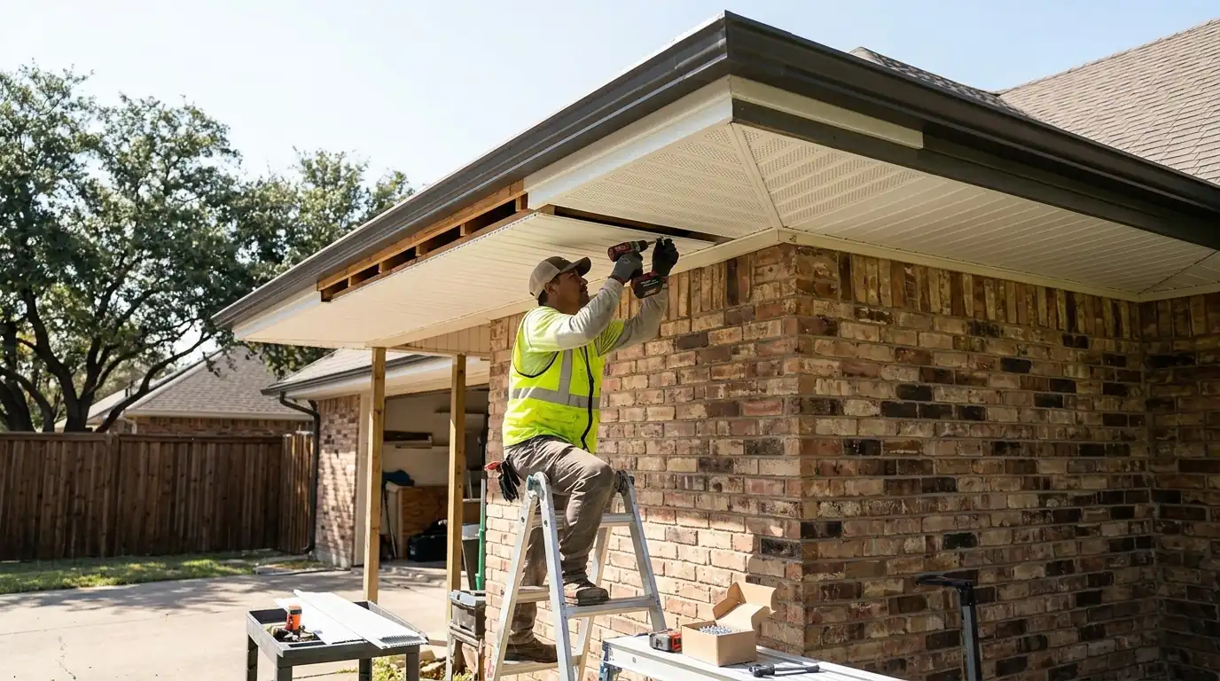 Vented soffit panels installed under a Dallas eave