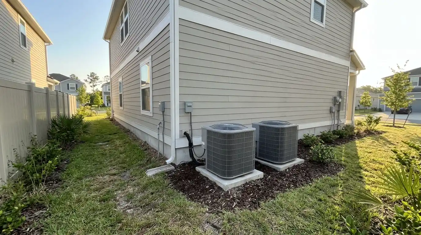 photo, newer Yulee Florida neighborhood near Wildlight with heat pumps beside the homes, morning light, Jacksonville Florida home, natural light, prestonreeves-jax-area-yulee-1