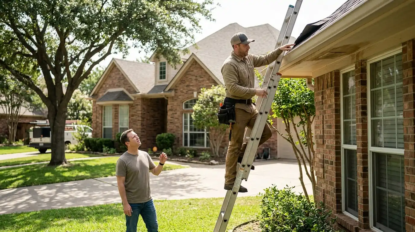 Roofer explaining a roof problem to a Dallas homeowner