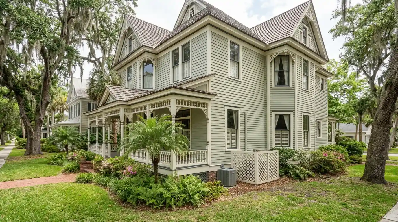 photo, historic Victorian home in downtown Fernandina Beach with a small condenser screened behind lattice, Jacksonville Florida home, natural light, prestonreeves-jax-area-nassau-county-1