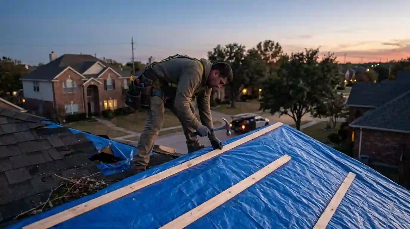 Emergency tarp battened over a Dallas roof