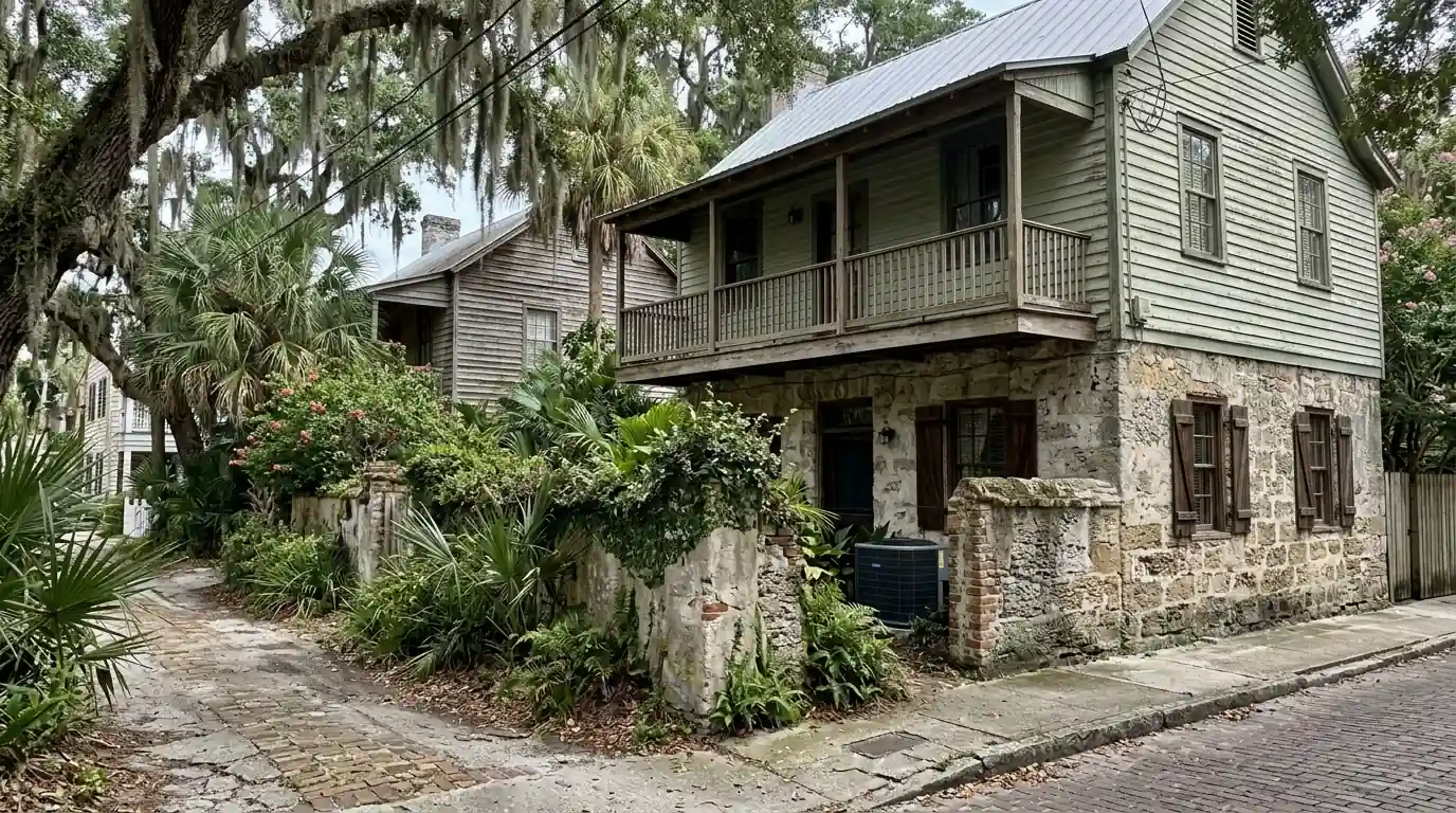 photo, historic St Augustine street with coquina and wood homes, a small condenser screened behind a garden wall, Jacksonville Florida home, natural light, prestonreeves-jax-area-st-augustine-1