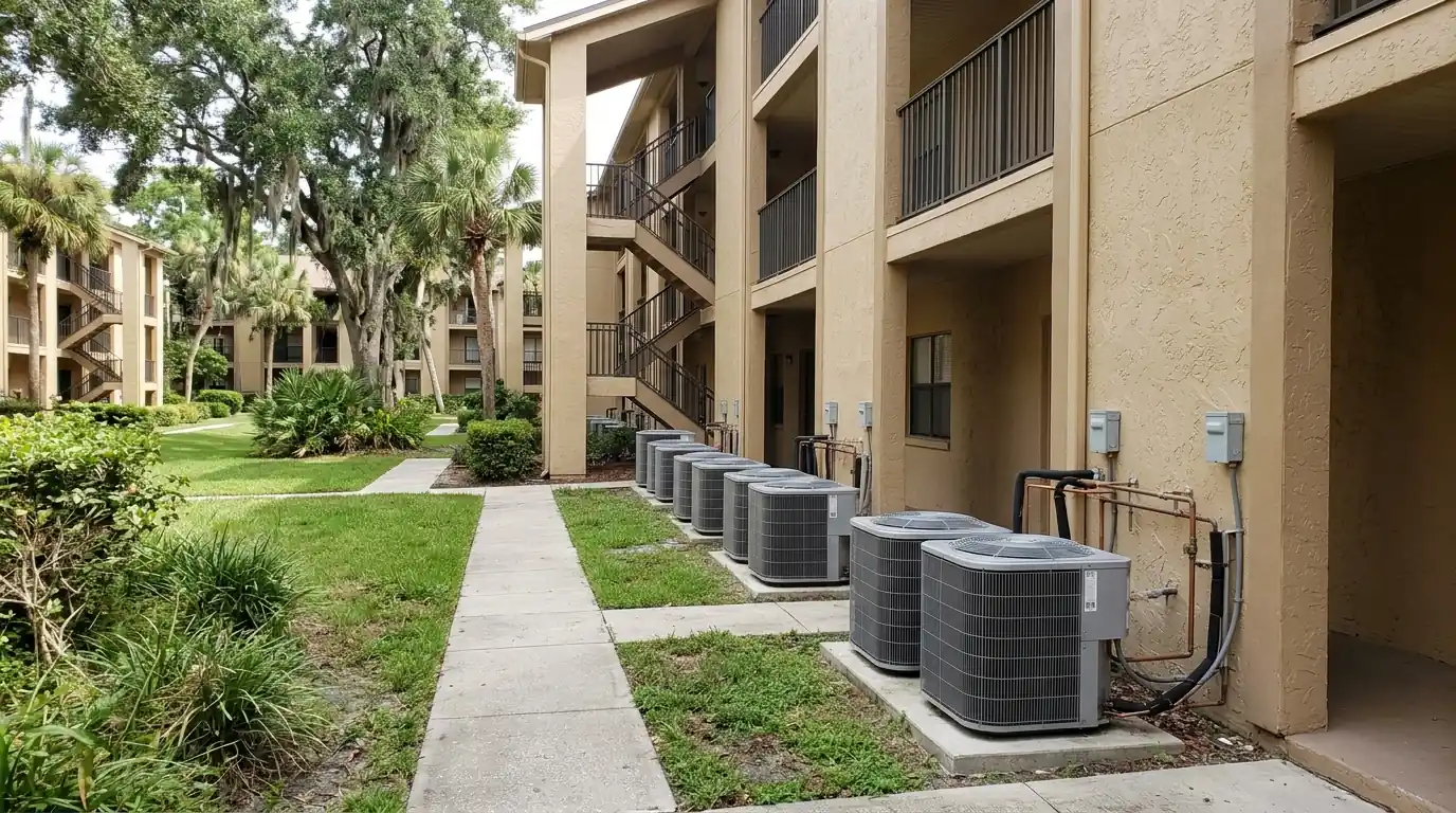 photo, condo building courtyard in Baymeadows Jacksonville with outdoor AC units lined up on a pad behind a fence, Jacksonville Florida home, natural light, prestonreeves-jax-area-baymeadows-1