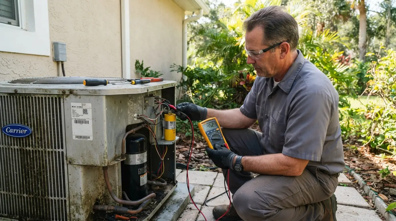 Technician testing an AC capacitor in Jacksonville