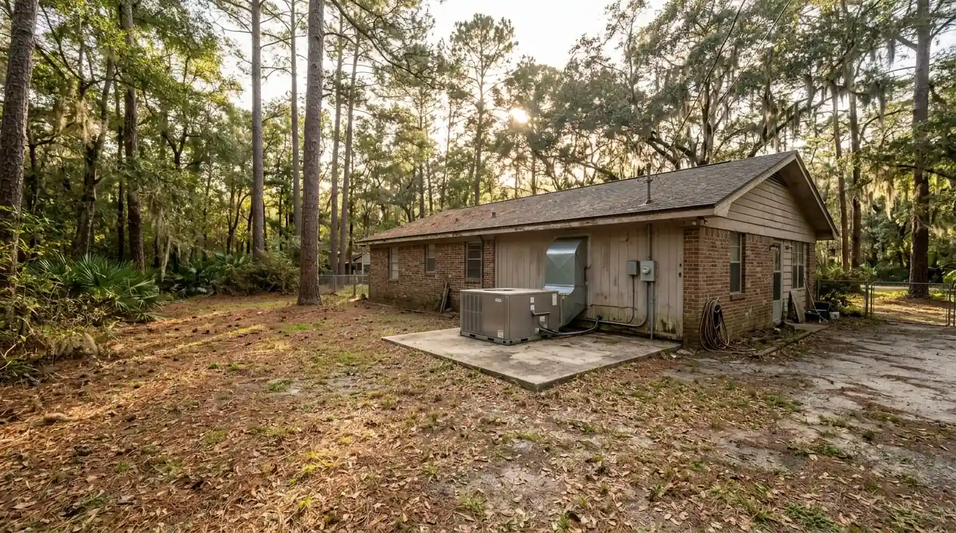 photo, Middleburg Florida home on a large wooded lot with a package unit on a concrete slab, afternoon sun through pines, Jacksonville Florida home, natural light, prestonreeves-jax-area-middleburg-1