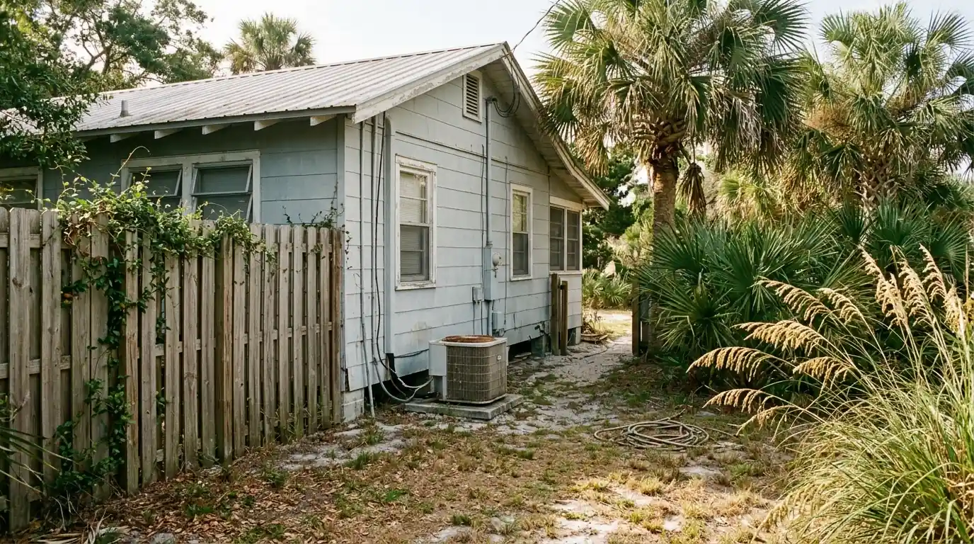 photo, older Atlantic Beach Florida cottage with a small condenser on a pad by the side fence, palms and sea oats, Jacksonville Florida home, natural light, prestonreeves-jax-area-atlantic-beach-1